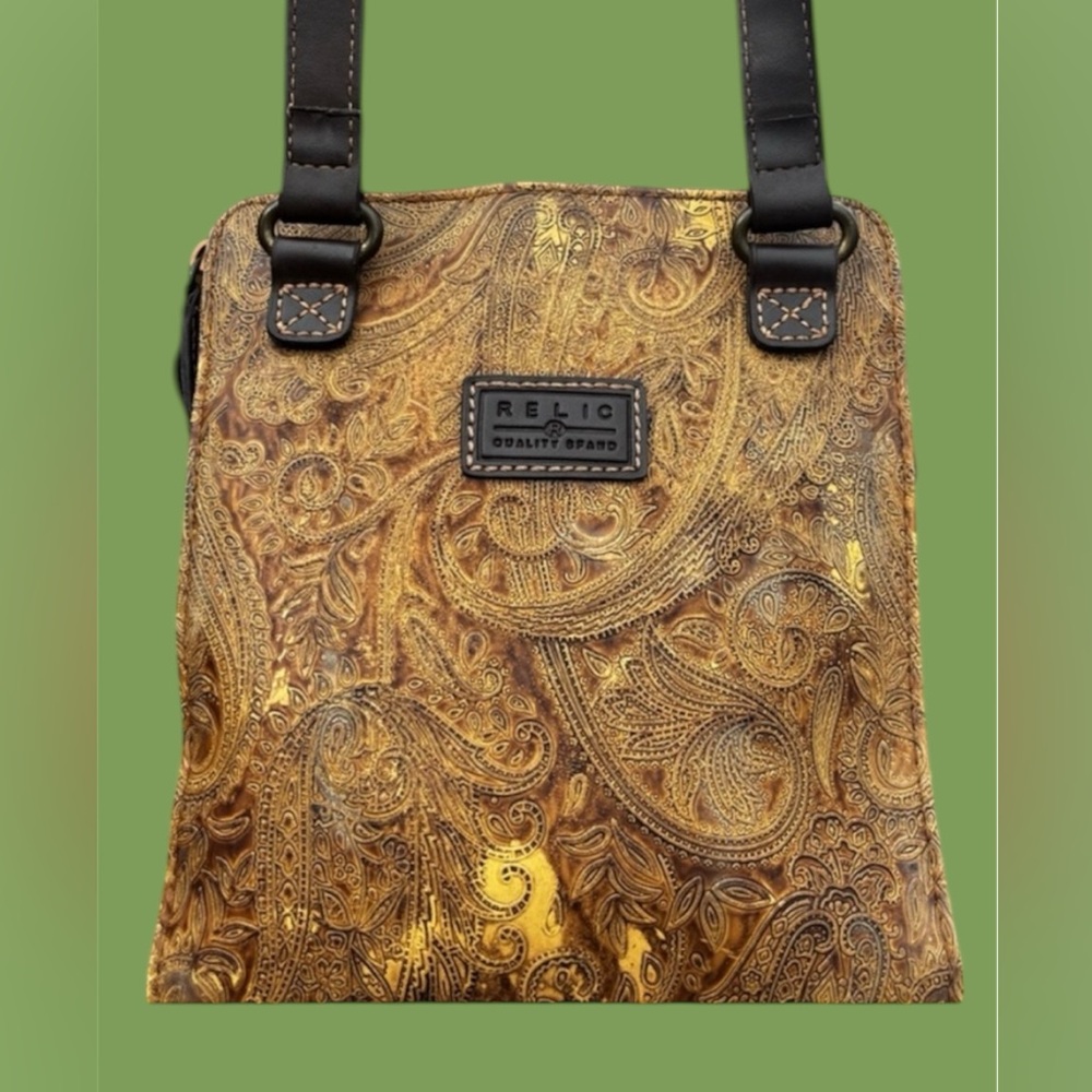 GUC! Relic Vintage Paisley Leather Gold Crossbody Bag - Picture 1 of 14